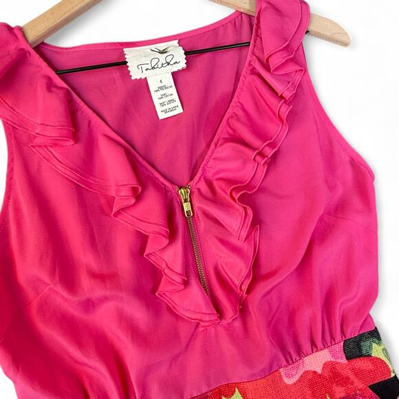 Anthropologie Tabitha Great Escape Sheath Dress Pink Black Zip‎ Ruffle Floral 6 - Picture 5 of 6